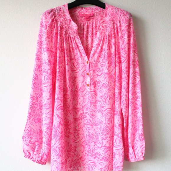 Lilly Pulitzer $178 Elsa Silk Top, Pink Blossom Foxy Llama, Size L - Picture 4 of 5